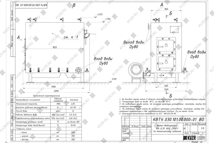 Котел 0.35 МВт уголь дрова с ОУР чертеж